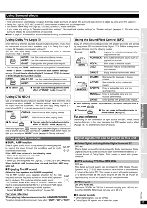 Page 1515
RQT7994
Connections
Settings
Basic Operations
Before use
Operations
Reference
Adding surround effects.
• This unit does not automatically recognize the Dolby Digital Surround EX signal. The surround back channel is added by using Dolby Pro Logic  .
• Dolby Pro Logic , DTS NEO:6 and SFC modes remain in effect until you change them. 
• You cannot select Dolby Pro Logic , DTS NEO:6 and SFC at the same time.
• If you make any settings in “Speakers combination settings”, “Surround back speaker settings” or...