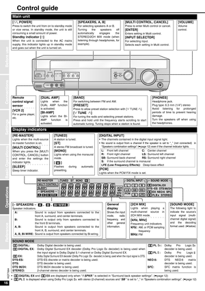 Page 1616
RQT7994
Connections
Settings
Basic Operations
Operations
Before use
Reference
Control guide    
•DIGITAL EX and EX are displayed only when “1 SPKR ” is selected in “Surround back speaker settings”. (ápage 12)•PL is displayed when using Dolby Pro Logic  with stereo (2-channel) sources and “SB ” is set to “_” in “Speakers combination settings”. (ápage 12) 
Main unit
[8, POWER] Press to switch the unit from on to standby mode
or vice versa. In standby mode, the unit is still
consuming a small amount of...