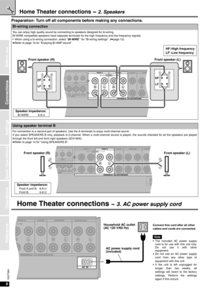 Page 88
Connections
RQT7994
Settings
Basic Operations
Operations
Before use
Reference
Home Theater connections - 2. Speakers
Preparation: Turn off all components before making any connections.
Home Theater connections - 3. AC power supply cord
Bi-wiring connection
You can enjoy high quality sound by connecting to speakers designed for bi-wiring.
BI-WIRE compatible speakers have separate terminals for the high frequency and low frequency signals.
• When using a bi-wiring connection, select “BI-WIRE ” for...