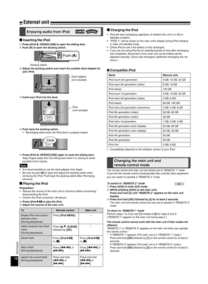 Page 12RQTX0250
 Press [iPod ;, OPEN/CLOSE] to open the sliding door.
 Push [;] to open the docking switch.
 Adjust the docking switch and insert the suitable dock adapter for  your iPod.
 Insert your iPod into the dock.
 Push back the docking switch. Recharging starts when the iPod dock is properly locked.
 Press [iPod ;, OPEN/CLOSE] again to close the sliding door. Keep fingers away from the sliding door when it is closing to avoid 
possible minor injuries. •
12
External unit
To Remote control Main...