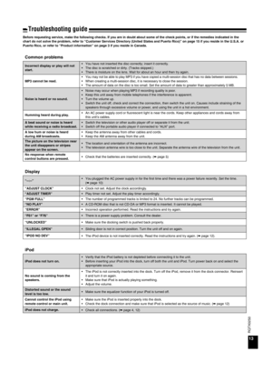 Page 13RQTX0250
13
Troubleshooting guide
■ Compatible iPod
NameMemory size
iPod touch 2nd generation 8 GB, 16 GB, 32 GB
iPod nano 4th generation (video) 8 GB, 16 GB
iPod classic 120 GB
iPod touch 1st generation 8 GB, 16 GB, 32 GB
iPod nano 3rd generation (video) 4 GB, 8 GB
iPod classic 80 GB, 160 GB
iPod nano 2nd generation (aluminum) 2 GB, 4 GB, 8 GB
iPod 5th generation (video) 60 GB, 80 GB
iPod 5th generation (video) 30 GB
iPod nano 1st generation 1 GB, 2 GB, 4 GB
iPod 4th generation (color display) 40 GB, 60...