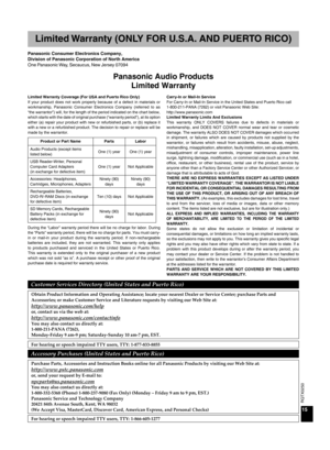 Page 15RQTX0250
15
Panasonic Consumer Electronics Company,
Division of Panasonic Corporation of North America
One Panasonic Way, Secaucus, New Jersey 07094
Panasonic Audio Products Limited Warranty
Limited Warranty Coverage (For USA and Puerto Rico Only)
If  your  product  does  not  work  properly  because  of  a  defect  in  materials  or 
workmanship,  Panasonic  Consumer  Electronics  Company  (referred  to  as 
“the warrantor”) will, for the length of the period indicated on the chart below, 
which starts...