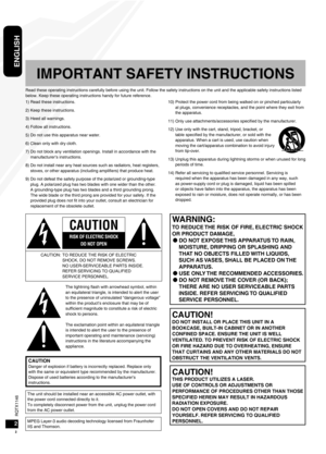 Page 2RQTX1146
RQTX1146
2
ENGLISH
RQTX1146
RQTX1146
23
CAUTIONDanger of explosion if battery is incorrectly replaced. Replace only 
with the same or equivalent type recommended by the manufacturer. 
Dispose of used batteries according to the manufacturer’s 
instructions.
CAUTION!THIS PRODUCT UTILIZES A LASER.
USE OF CONTROLS OR ADJUSTMENTS OR 
PERFORMANCE 
OF PROCEDURES OTHER THAN THOSE 
SPECIFIED HEREIN MAY RESULT IN HAZARDOUS 
RADIATION EXPOSURE.
DO NOT OPEN COVERS AND DO NOT REPAIR 
YOURSELF. REFER...