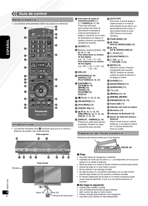 Page 24RQTX1146
RQTX1146
24
ESPAÑOL
RQTX1146
RQTX1146
Los números entre paréntesis indican las páginas de referencia.
•
Mando a distancia
Unidad principal
Guía de control
■ PilasUse pilas secas de manganeso o alcalinas.
Insértelas de modo que los polos (+ y –) correspondan con los que se 
indican en el mando a distancia.
Retire las pilas si no usará el mando a distancia durante largo tiempo. 
Guarde las pilas en un sitio fresco y oscuro.
No las caliente ni las exponga al fuego.
No deje las pilas en un automóvil...