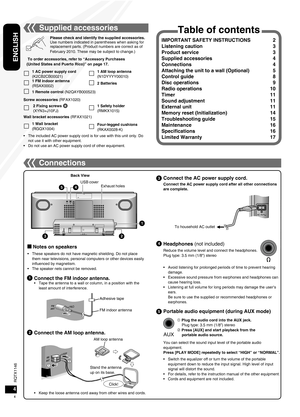 Page 4RQTX1146
RQTX1146
4
ENGLISH
RQTX1146
RQTX1146
21
IMPORTANT SAFETY INSTRUCTIONS  2
Listening caution 3
Product service  3
Supplied accessories  4
Connections  4
Attaching the unit to a wall (Optional)  5
Control guide  8
Disc operations  9
Radio operations  10
Timer  11 
Sound adjustment  11
External unit  11 
Memory reset (Initialization)  14
Troubleshooting guide  15
Maintenance  16
Specifications  16
Limited Warranty  17
Table of contents
Connections
g Notes on speakers
These speakers do not have...