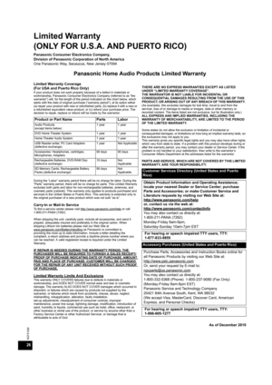 Page 2626
RQTX1260
Limited Warranty 
(ONLY FOR U.S.A. AND PUERTO RICO)
Panasonic Consumer Electronics Company, 
Division of Panasonic Corporation of North America
One Panasonic Way, Secaucus, New Jersey 07094
Panasonic Home Audio Products Limited Warranty
Limited Warranty Coverage
(For USA and Puerto Rico Only)
If your product does not work properly because of a defect in materials or 
workmanship, Panasonic Consumer Electronics Company (referred to as “the 
warrantor”) will, for the length of the period...