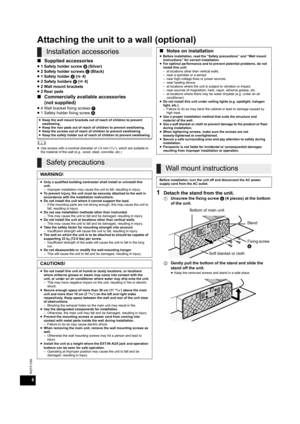 Page 66
RQTX1260
Attaching the unit to a wall (optional)
∫Supplied accessories
≥1 Safety holder screw B (Silver)
≥2 Safety holder screws C (Black)
≥1 Safety holder D (>4)
≥2 Safety holders E (>4)
≥2 Wall mount brackets
≥2 Rear pads
∫Commercially available accessories 
(not supplied)
≥4 Wall bracket fixing screws F
≥1 Safety holder fixing screw G
	≥Use screws with a nominal diameter of ‰4 mm (5/32q), which are suitable to 
the material of the wall (e.g., wood, steel, concrete, etc.)
1Detach the stand from the...