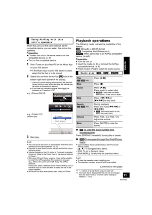 Page 1111
RQT9708
ENGLISH
When this unit is on the same network as the 
compatible device, you can select this unit as the 
speakers.
Preparation
≥Connect this unit to the same network as the 
compatible device. (>9)
≥Turn on the compatible device.
1Start iTunes on your Mac/PC or the Music App 
on your iOS device.
≥If the Music App on your iOS device is used, 
select the file that is to be played.
2Select this unit from the AirPlay   icon at the 
bottom right-hand corner of the display.
{.Check the volume...