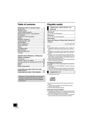 Page 44
RQT9708
Table of contents
IMPORTANT SAFETY INSTRUCTIONS ........... 2
Accessories....................................................... 3
Playable media .................................................. 4
Control reference guide ................................... 5
Attaching the unit to a wall (optional) ............. 6
Connections ...................................................... 8
Inserting or removing media ........................... 8
AirPlay...