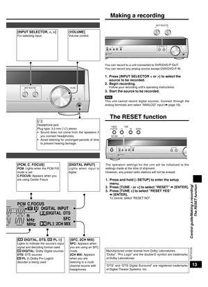 Page 13
13
RQTV0105

POWER INPUT SELECT ORTUNE
MENU
RETURN SETUP
MUSIC PORT
V
OLUMEENTER SURROUND
MUSIC

TUNEDMONOSLEEP PCMST
ft
kHz
MHz
DIGITAL  INPUT
DIGITAL  DTS
PL    2CH MIX     SFCM W
C.FOCUS

Main unit
[% DIGITAL, DTS, % PL ΙΙ]
Lights to indicate the source's input signal and decoding format used.
% DIGITAL: Dolby Digital sourcesDTS: DTS sources
% PL ΙΙ: Dolby Pro LogicΙΙ decoder is being used
Display
[SFC, 2CH MIX]
SFC: Appears when you are using an SFC mode2CH MIX: Appears when you are listening to...