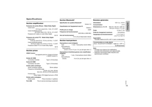 Page 2215RQT9860
SpécificationsSection amplificateurPuissance de sortie efficace : Mode Dolby Digital
Canal avant
30 W par canal (6 Ω), 1 kHz, 10 % DHT
Canal d’extrêmes-graves
60 W par canal (3 Ω), 100 Hz, 10 % DHT
Puissance eff. totale en mode Dolby Digital
120 W
Puissance de sortie FTC : Mode Dolby Digital
Canal avant
16 W par canal (6 Ω), 170 Hz à 20 kHz, 1 % DHT
Canal d’extrêmes-graves
28 W par canal (3 Ω), 45 Hz à 170 Hz, 1 % DHT
Puissance totale FTC en mode Dolby Digital
60 WSection prisesHDAVI Control...