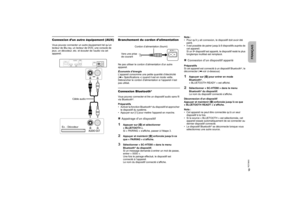 Page 289RQT9860
Connexion d’un autre équipement (AUX)Vous pouvez connecter un autre équipement tel qu’un 
lecteur de Blu-ray, un lecteur de DVD, une console de 
jeux, un décodeur, etc. et écouter de l’audio via cet 
appareil.
Branchement du cordon d’alimentationNe pas utiliser le cordon d’alimentation dun autre 
appareil.
Économie d’énergie
L’appareil consomme une petite quantité d’électricité 
(Z« Spécifications ») quand il est en mode veille. 
Débrancher le cordon dalimentation si l’appareil n’est 
pas...