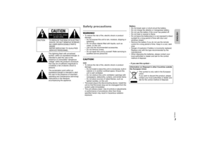 Page 33RQT9840
Safety precautionsWARNING!• To reduce the risk of fire, electric shock or product damage,
– Do not expose this unit to rain, moisture, dripping or  splashing.
– Do not place objects fille d with liquids, such as 
vases, on this unit.
– Use only the recommended accessories.
– Do not remove covers.
– Do not repair this unit by  yourself. Refer servicing to 
qualified service personnel.CAUTION!Unit
• To reduce the risk of fire, electric shock or product  damage,
– Do not install or place this unit...