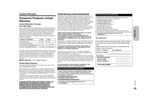 Page 1919VQT5F35ENGLISH
Limited WarrantyPanasonic Products Limited 
WarrantyLimited Warranty Coverage
(For USA Only)If your product does not work properly because of a defect in materials or 
workmanship, Panasonic Corporation of North America (referred to as “the 
warrantor”) will, for the length of the period indicated on the chart below, 
which starts with the date of original purchase (“warranty period”), at its 
option either (a) repair your product with new or refurbished parts, (b) 
replace it with a new...