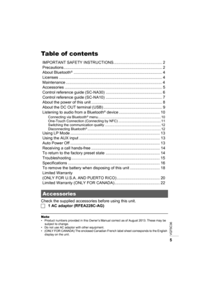 Page 5VQT5C36
5
Table of contents
IMPORTANT SAFETY INSTRUCTIONS............................................ 2
Precautions ......................................................................................... 2
About Bluetooth
®................................................................................ 4
Licenses ............................................................................................. 4
Maintenance...