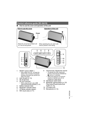 Page 7VQT5C36
7
∫How to use the cover and operation of the unit
Control reference guide (SC-NA10)
123
4
9
10
1112
13
5678


1 RESET switch [   ]• Use a paper clip, etc., to press the  switch if this unit does not operate 
correctly, like when you cannot turn 
off/on the power.
2 AUX IN jack ( >13)
3 DC IN terminal
4 DC OUT terminal
• When using this port, use a USB 
cable (commercially-available). (>9)5 Battery indicator (red)
6 Bluetooth® indicator (blue)
7 LP Mode indicator (green)
8 NFC touch area (> 11...