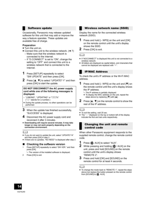 Page 1414
VQT4U49
Occasionally, Panasonic may release updated 
software for this unit that may add or improve the 
way a feature operates. These updates are 
available free of charge.
Preparation
≥Turn the unit on.
≥ Connect this unit to the wireless network. ( l7)
– Make sure that the wireless network is  connected to the Internet.
– If “D.CONNECT” is set to “ON”, change the  setting to “OFF” and connect this unit to a 
wireless network that is connected to the 
Internet.
1Press [SETUP] repeatedly to select...