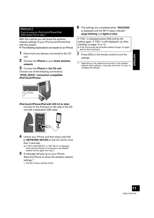 Page 1111
 (ENG) VQT4U55
ENGLISH
With this method you will share the wireless 
network settings of your iPod touch/iPhone/iPad 
with this system.
≥
The following explanations are based on an iPhone.
1Disconnect any devices connected to the CD 
unit.
2Connect the iPhone to your home wireless 
network .
3Connect the  iPhone to the CD unit .
Choose one of the following connections.
“IPOD_DOCK” connection compatible 
iPod touch/iPhone:
iPod touch/iPhone/iPad with iOS 5.0 or later: Connect to the iPod port on the...