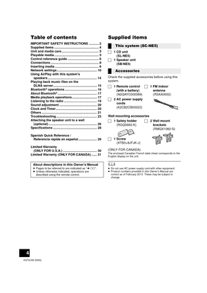 Page 44
VQT4U55 (ENG)
Table of contents
IMPORTANT SAFETY INSTRUCTIONS ........... 2
Supplied items .................................................. 4
Unit and media care.......................................... 5
Playable media .................................................. 5
Control reference guide ................................... 6
Connections ...................................................... 8
Inserting media ................................................. 9
Network settings...