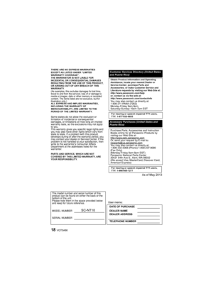 Page 18VQT5A8618
THERE ARE NO EXPRESS WARRANTIES 
EXCEPT AS LISTED UNDER “LIMITED 
WARRANTY COVERAGE”.
THE WARRANTOR IS NOT LIABLE FOR 
INCIDENTAL OR CONSEQUENTIAL DAMAGES 
RESULTING FROM THE USE OF THIS PRODUCT, 
OR ARISING OUT OF ANY BREACH OF THIS 
WARRANTY.
(As examples, this excludes damages for lost time, 
travel to and from the servicer, loss of or damage to 
media or images, data or other memory or recorded 
content. The items listed are not exclusive, but for 
illustration only.)
ALL EXPRESS AND...