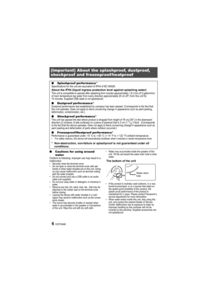 Page 6VQT5A866
∫Cautions for using around 
water
Conform to following. Improper use may result in a 
malfunction.
• Securely close the terminal cover.
• Do not open or close the terminal cover with wet  hands or when water droplets are on this unit. Doing 
so may cause malfunction such as terminal rusting 
with the water droplets.
• Do not connect and use a USB cable or an audio  cable (not supplied).
• Do not pour soap water or detergent, or immerse in  water.
• Remove any hair, lint, sand, dust, etc., that...