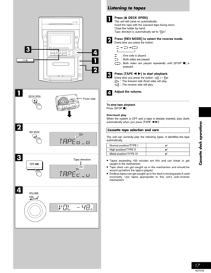 Page 1717
RQT5706
Cassette deck operations
1
2
3
4
DECK OPEN
REV MODE
TAPE
dB
FWD
FWD
1
4
2
3
STOP
DOWNUP
VOLUME
Listening to tapes
Press [c DECK OPEN].
The unit will come on automatically.
Insert the tape with the exposed tape facing down.
Close the holder by hand.
Tape direction is automatically set to “a”.
Press [REV MODE] to select the reverse mode.
Every time you press the button:
: One side is played.
: Both sides are played.
: Both sides are played repeatedly until [STOP L] is
pressed.
Press [TAPE / -]...