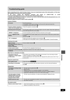 Page 25RQT6683
25
Listening operations
Reference
Troubleshooting guide
Before requesting service, make the below checks. If you are in doubt about some of the check points, or if the reme-
dies indicated in the chart do not solve the problem:
In the U.S.A., contact the Panasonic Customer Call Center at 1-800-211-7262, or e-mail
consumerproducts@panasonic.com, or web site (http://www.panasonic.com).
In Canada, contact Panasonic Canada Inc. Customer Care Centre at 905-624-5505, web site (www.panasonic.ca), or an...