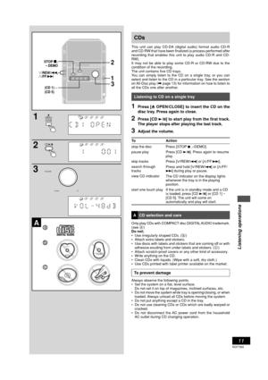 Page 11Listening operations
11
RQT7364
CDs
This unit can play CD-DA (digital audio) format audio CD-R
and CD-RW that have been finalized (a process performed after
recording that enables this unit to play audio CD-R and CD-
RW).
It may not be able to play some CD-R or CD-RW due to the
condition of the recording.
The unit contains five CD trays.
You can simply listen to the CD on a single tray, or you can
select and listen to the CD in a particular tray. See the section
on All-Disc play (\ page 13) for...