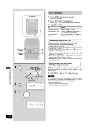 Page 2020
RQT7364
Listening operations
Cassette tapes
1Press [OPEN 0] to insert a cassette.Close the lid by hand.
2Press [TAPE 3] to start playback.Repeat step 1 and 2 to play the other side of the tape.
3Adjust the volume.
Cassette tape selection and care
Types of cassettes which can be played correctly
Only normal position tapes are recommended.
NORMAL POSITION/TYPE I
HIGH POSITION/TYPE II✕
METAL POSITION/TYPE IV✕
•Tapes exceeding 100 minutes are thin and can break or get
caught in the mechanism.
•Tape slack...