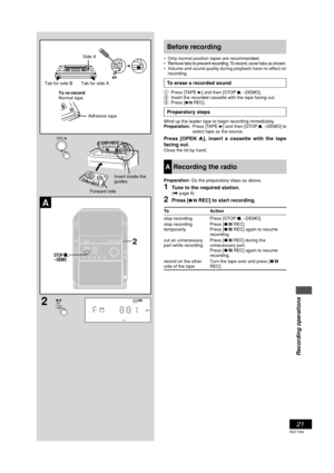 Page 21Recording operations
21
RQT7364
Before recording
• Only normal position tapes are recommended.
• Remove tabs to prevent recording. To record, cover tabs as shown.
• Volume and sound quality during playback have no effect on
recording.
To erase a recorded sound
1Press [TAPE 3] and then [STOP 7, –DEMO].
2Insert the recorded cassette with the tape facing out.
3Press [¶/8 REC].
Preparatory steps
Wind up the leader tape to begin recording immediately.
Preparation:Press [TAPE 3] and then [STOP 7, –DEMO] to...