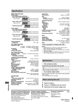 Page 28Reference
Specifications
AMPLIFIER SECTIONPower output
10% Total harmonic distortion
60
 Hz–3 kHz, both channels driven
(Low channel)SC-PM19  26
 W per channel (6 Ω)
SC-PM193  25
 W per channel (6 Ω)
3
 kHz–16 kHz, both channels driven
(High channel)SC-PM19  29
 W per channel (6 Ω)
SC-PM193  25
 W per channel (6 Ω)
Total Bi-Amp powerSC-PM19  55 W per channel
SC-PM193  50 W per channel
Power output
10% Total harmonic distortion
1
 kHz, both channels driven
(Low channel)SC-PM19  35
 W per channel (6 Ω)...