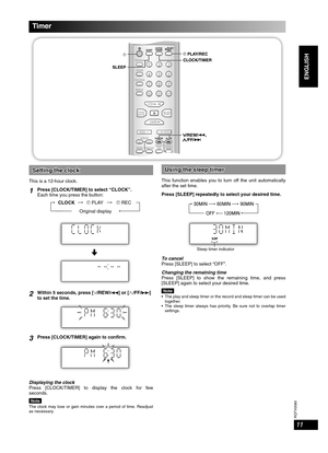 Page 11RQTV0080
11
ENGLISH English English
Setting the clockSetting the clock
This is a 12-hour clock.
1Press [CLOCK/TIMER] to select “CLOCK”.
Each time you press the button:
CLOCK
˚ PLAY
Original display
˚ REC
2Within 5 seconds, press [/REW/4] or [ /FF/¢] 
to set the time.
3Press [CLOCK/TIMER] again to confirm.
Displaying the clock
Press [CLOCK/TIMER] to display the clock for few 
seconds.
NoteThe clock may lose or gain minutes over a period of time. Readjust 
as necessary.
Using the sleep timerUsing the sleep...