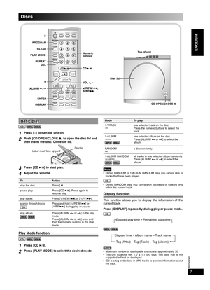 Page 7RQTV0080
7
ENGLISH English English
Basic playBasic play
CD MP3 WMA
1Press [y] to turn the unit on.
2Push [CD OPEN/CLOSE 0] to open the disc lid and 
then insert the disc. Close the lid.
Disc lid
Label must face upward
3Press [CD 6] to start play.
4Adjust the volume.
To Action
stop the discPress [ 7 ].
pause play Press [CD 6]. Press again to 
resume play.
skip tracks  Press 
[/REW/4] or [/FF/¢].
search through tracks
CDPress and hold [/REW/4] or 
[/FF/¢] during play or pause.
skip album
MP3 WMAPress...