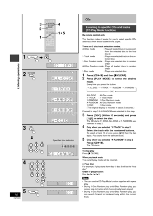 Page 14RQT6885
14
Listening operations
CDs
Listening to specific CDs and tracks
(CD Play Mode function)
By remote control only
This function makes it easier for you to select specific CDs
and tracks from those loaded in the player.
There are 5 disc/track selection modes.
All-Disc  mode : Plays all loaded discs in succession
from the selected disc to the final
disc 
.
1-Track  mode : Plays one selected track on the se-
lected disc.
1-Disc Random mode : Plays one selected disc in random
order.
All-Disc Random...