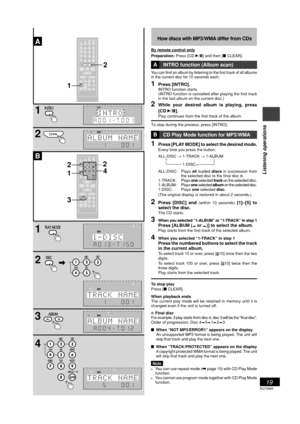 Page 19RQT6885
19
Listening operations
A
1
2
1
2
B
3
4
CDCD
REWFF
CLEARCLEAR
ALBUMALBUM
12 3
45
6
78 9
TAPEAPETUNER TUNER BANDBAND
010
VOLVOLVOLVOLAUXAUX
ABCABCDEFDEFGHIGHIJKLJKLMNOMNOTUVTUVWXYZWXYZPQRSPQRS
ENTERENTER
DISCDISC
SEARCHSEARCHMARKERMARKERINTROINTRO
REPEAT
DIMMERDIMMERDISPLADISPLAY
RE-MASTERRE-MASTERMUTINGSOUNDSOUNDS.SOUND EQ
PLAY
RECRECSLEEPSLEEPAUTO OFFAUTO OFF
SHIFTSHIFTTITLE
CLCLOCKCK TIMER TIMER
PROGRAM
DEL
SPSPACEACEPLAY MODE
2
1
CDCD
REWFF
CLEARCLEAR
ALBUMALBUM
12 3
45
6
78 9
TAPEAPETUNER...