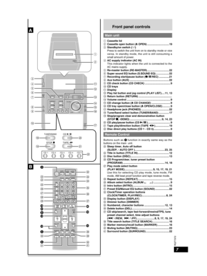 Page 77
RQT7372
Front panel controls
Main unit
1 Cassette lid2 Cassette open button (; OPEN)..............................193 Standby/on switch (8) Press to switch the unit from on to standby mode or vice versa. In standby mode, the unit is still consuming a small amount of power.4 AC supply indicator (AC IN) This indicator lights when the unit is connected to the AC mains supply.5 Re-master button (RE-MASTER)..............................226 Super sound EQ button (S.SOUND EQ)..................227 Recording...