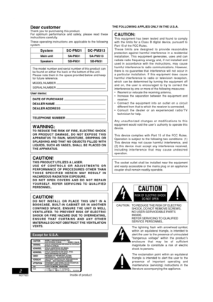 Page 22
RQT7923
Dear customerThank you for purchasing this product.
For optimum performance and safety, please read these 
instructions carefully.
These operating instructions are applicable to the following 
system.
System SC-PM31 SC-PM313
Main unit SA-PM31 SA-PM313
Speakers SB-PM31 SB-PM31
The model number and serial number of this product can 
be found on either the back or the bottom of the unit.
Please note them in the space provided below and keep 
for future reference.
MODEL NUMBER 
SERIAL NUMBER 
User...