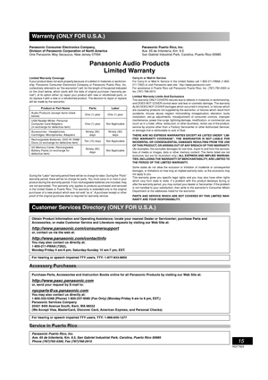 Page 1515
RQT7923
Warranty (ONLY FOR U.S.A.)
Panasonic Audio Products
Limited Warranty
Panasonic Consumer Electronics Company, 
Division of Panasonic Corporation of North America
One Panasonic Way Secaucus, New Jersey 07094Panasonic Puerto Rico, Inc.
Ave. 65 de Infantería, Km. 9.5 
San Gabriel Industrial Park, Carolina, Puerto Rico 00985
Limited Warranty Coverage
If your product does not work properly because of a defect in materials or workman-
ship, Panasonic Consumer Electronics Company or Panasonic Puerto...