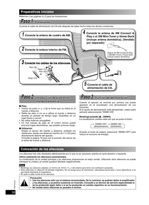 Page 18RQTV0160
18
Preparativos iniciales
Referirse a las páginas 4 y 5 para las ilustraciones.
PasoPaso  11 - Conexiones - Conexiones
Conecte el cable de alimentación de CA sólo después de haber hecho todas las demás conexiones.
PasoPaso 2 2 - Introducción de pilas en el  - Introducción de pilas en el 
mando a distanciamando a distancia
■ Pilas
  Inserte los polos (+ y –) de la forma que se indica en el 
mando a distancia.
  Retire las pilas si no va a utilizar el mando a distancia 
durante un periodo de...