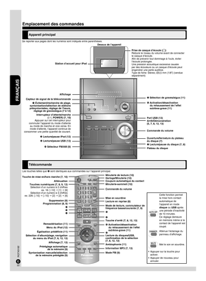 Page 22FRANÇAIS
FRANÇAIS
RQTX0192
23
2223
22
DEMOVOLUMEVOLUME
OPEN/CLOSE
D.BASSBASS
TREBLE
_ +
/iPod/USBFM/AM/CD
POWER
Se reporter aux pages dont les numéros sont indiqués entre parenthèses.
 Interrupteur d’attente/marche (8, POWER) (7, 10)
Appuyer sur cet interrupteur pour 
commuter l’appareil du mode d’attente  au mode de marche et vice versa. En 
mode d’attente, l’appareil continue de 
consommer une petite quantité de courant.
 Lecture/pause du disque (7, 8) Arrêt/Démonstration 
(5, 7, 8, 12, 13)
Affichage...