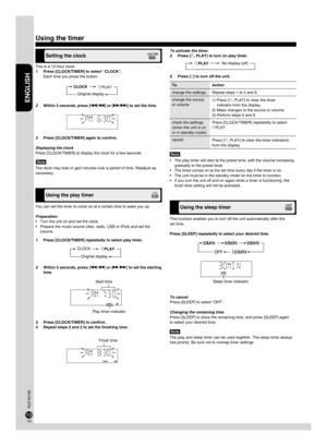 Page 10ENGLISH
RQTX0192
11
1011
10
This is a 12-hour clock.
1  Press [CLOCK/TIMER] to select “CLOCK”. 
Each time you press the button: 
You can set the timer to come on at a certain time to wake you up. 
Preparation Turn the unit on and set the clock.
Prepare the music source (disc, radio, USB or iPod) and set the 
volume.
•
• 6  Press [^] to turn off the unit.
To 
Action
change the settings  Repeat steps 1 to 4 and 6.
change the source 
or volume 1) Press [z, PLAY] to clear the timer  
indicator from the...