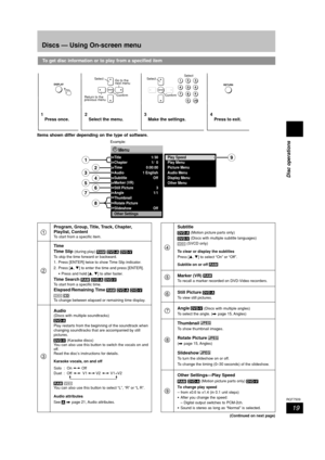 Page 19Disc operations
19
RQT7509
ENTERDISPLAYENTER
Select
Confirm Go to the
next menu
SelectSelect
ConfirmReturn to the
previous menu
RETURN
To get disc information or to play from a specified item
1
Press once.2
Select the menu.3
Make the settings.4
Press to exit.
Discs — Using On-screen menu
Program, Group, Title, Track, Chapter,
Playlist, Content
To start from a specific item.
Time
Time Slip (during play) RAM DVD-A DVD-VTo skip the time forward or backward.
1. Press [ENTER] twice to show Time Slip...