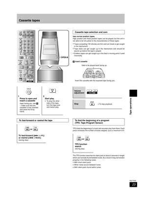 Page 23Tape operations
23
RQT7509
OPEN   
Cassette tape selection and care
Use normal position tapes.
High position and metal position tapes can be played, but the unit is
not able to do full justice to the characteristics of these tapes.
•Tapes exceeding 100 minutes are thin and can break or get caught
in the mechanism.
•Tape slack can get caught up in the mechanism and should be
wound up before the tape is played.
•Endless tapes can get caught up in the deck’s moving parts if used
incorrectly.
A Insert...