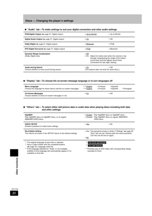 Page 30Other functions
30
RQT7509
7 77 7
7“Audio” tab —To make settings to suit your digital connection and other audio settings
PCM Digital Output (A page 31, Digital output)•Up to 48 kHz•Up to 96 kHz
Digital Audio Output (A page 31, Digital output)•On•Off
Dolby Digital (A page 31, Digital output)•Bitstream•PCM
DTS Digital Surround (A page 31, Digital output)•PCM•Bitstream
Dynamic Range Compression•Off
(Dolby Digital only)•On: Adjust for clarity even when the volume is low
through compressing the range of the...