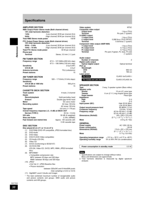 Page 3838
RQT7509
Reference
Specifications
AMPLIFIER SECTIONRMS Output Power Stereo mode (Both channel driven)10% total harmonic distortion 
1
 kHz (Low channel) 35 W per channel (6 Ω)
8 kHz (High channel) 35 W per channel (6 Ω)
Total RMS Stereo mode power 140 W
FTC Output Power Stereo mode (Both channel driven) 10% total harmonic distortion 
60
 Hz – 3 kHz (Low channel) 30 W per channel (6 Ω)
3 kHz – 16 kHz (High channel) 30 W per channel (6 Ω)
Total FTC Stereo mode power 60 W per channel
Phone jack
Terminal...