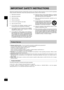 Page 4Getting started
4
RQT7509
IMPORTANT SAFETY INSTRUCTIONS
Read these operating instructions carefully before using the unit. Follow the safety instructions on the unit and the applicable
safety instructions listed below. Keep these operating instructions handy for future reference.
1) Read these instructions.
2) Keep these instructions.
3) Heed all warnings.
4) Follow all instructions.
5) Do not use this apparatus near water.
6) Clean only with dry cloth.
7) Do not block any ventilation openings. Install...