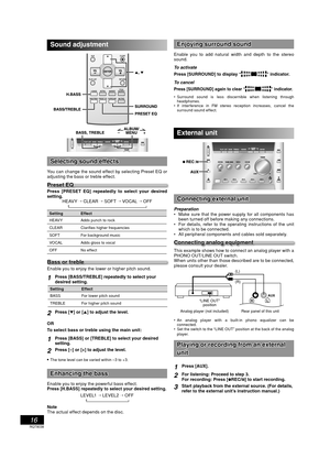 Page 1616
RQT8038
Sound adjustment
External unit
Connecting external unitConnecting external unit
Preparation
  Make sure that the power supply for all components has 
been turned off before making any connections.
  For details, refer to the operating instructions of the unit 
which is to be connected.
  All peripheral components and cables sold separately.
Connecting analog equipmentConnecting analog equipment
This example shows how to connect an analog player with a 
PHONO OUT/ LINE OUT switch.
When units...