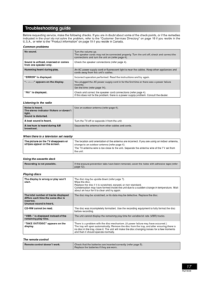 Page 1717
RQT8038
Troubleshooting guide
Before requesting service, make the following checks. If you are in doubt about some of the check points, or if the remedies 
indicated in the chart do not solve the problem, refer to the “Customer Services Directory” on page 18 if you reside in the 
U.S.A., or refer to the “Product information” on page 19 if you reside in Canada.
Common problems
No sound.
Turn the volume up.
The speaker cords may not be connected properly. Turn the unit off, check and correct the...