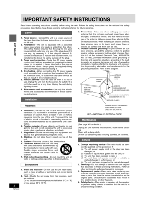 Page 4RQT6530
4
Before use
 IMPORTANT SAFETY INSTRUCTIONS
Maintenance
(See page 30 for details.)
Unplug the unit from the household AC outlet before clean-
ing.
Clean with a damp cloth.
Do not use abrasive pads, scouring powders, or solvents.
Service
1. Damage requiring service—The unit should be serv-
iced by qualified service personnel if:
(a) The AC power supply cord or the plug has been
damaged; or
(b) Objects or liquids have gotten into the unit; or
(c) The unit has been exposed to rain; or
(d) The unit...