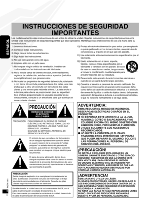 Page 12RQTX1051
RQTX1051
12
ESPAÑOL
RQTX1051
RQTX1051
23
1) Lea estas instrucciones.
2) Conserve estas instrucciones.
3) Haga caso a todas las advertencias.
4) Siga todas las instrucciones.
5) No use este aparato cerca del agua.
6) Límpielo sólo con un paño seco.
7) No bloquee ningún orificio de ventilación. Instálelo de 
conformidad con las instrucciones del fabricante.
8) No lo instale cerca de fuentes de calor, como radiadores,  registros de calefacción, estufas u otros aparatos (incluidos 
los...